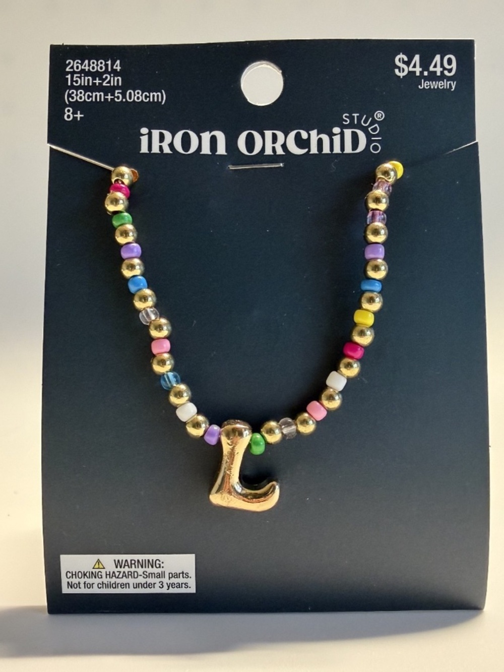 NEW Iron Orchid Studio Bubble Initial L Colorful Beaded Necklace w/Clasp Closure